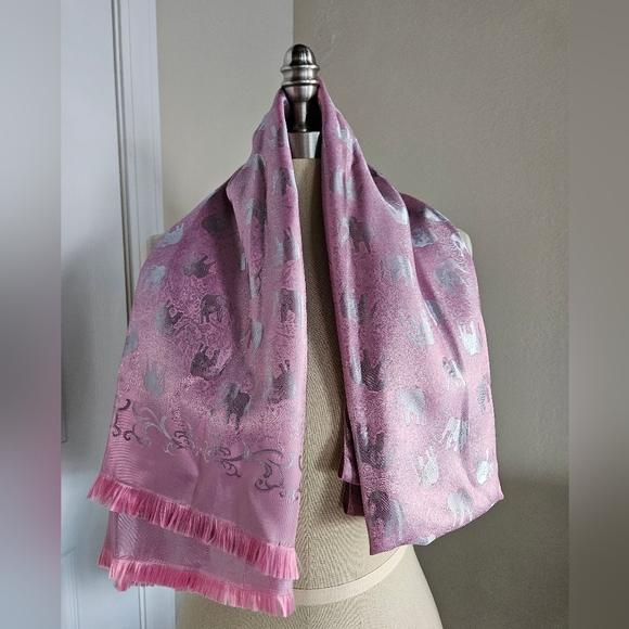 Pink Silk Silver Elephant Fringe Hem Scarf | SZ 72" - Picture 3 of 12